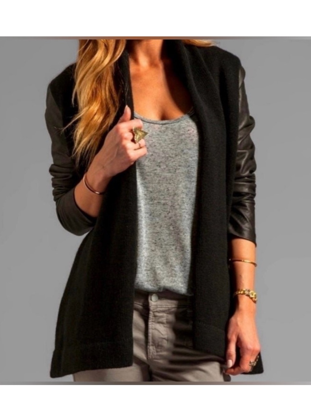Vince Black Open Cardigan with Leather Sleeves